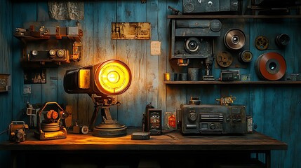 Fototapeta premium A rustic film projector lamp glowing warmly, placed on a metal and wood industrial shelf, with retro elements like old cameras and film reels around, soft shadows, realistic textures, hd clarity.