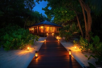 Obraz premium Candlelit boardwalk leading to a tropical romantic getaway hideaway, perfect for an unforgettable escape.