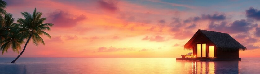 Obraz premium Romantic tropical bungalow getaway, softly lit by candlelight under a glowing sunset, perfect for a dreamy escape.