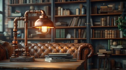 A rustic industrial pipe lamp with copper and bronze accents, glowing softly in an old study filled with leather furniture, vintage books, and worn wooden flooring, hd detail,