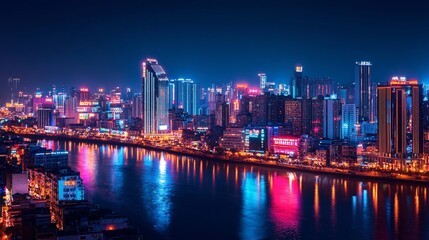 Naklejka premium Vibrant cityscape at night, reflected in a calm river.