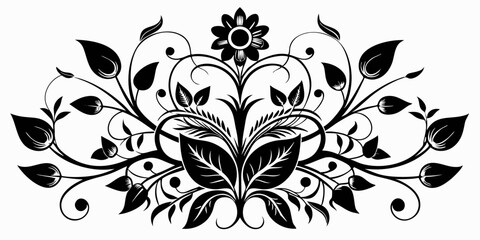 abstract floral design, black and white, symmetrical pattern, stylized flowers, elegant swirls, graphic elements, artistic motif, minimalist d&eacute;cor, botanical theme, modern illustration