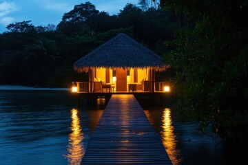 Fototapeta premium Tropical Getaway: A Romantic Walkway Over Calm Waters in a Serene Hideaway