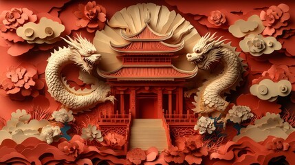 Fototapeta premium abstract background made from paper cut. paper layer shape are Chinese dragon, Chinese temple in Chinese new year concept high detail.