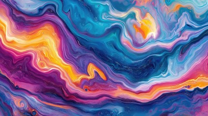 Fototapeta premium Abstract Liquid Swirls: An ethereal abstract background featuring vibrant hues of blue, purple, orange, and yellow, swirled and flowing in a mesmerizing dance.