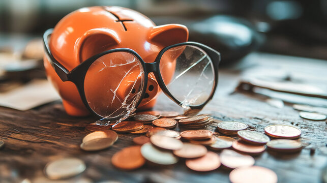 Broken piggy bank with coins scattered around, symbolizing financial struggle and the need for careful budgeting and saving.