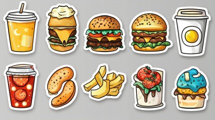 Cartoon fast food stickers burgers, fries, soda, coffee, dessert.