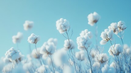 Cotton Dreams: A field of fluffy white cotton blossoms reaches for the sky, their delicate texture and pristine white against a vibrant blue backdrop creating a captivating vision of natural beauty.