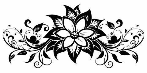 ornamental floral design, black and white illustration, swirling patterns, elegant curves, abstract flowers, vintage style, minimalist artwork
