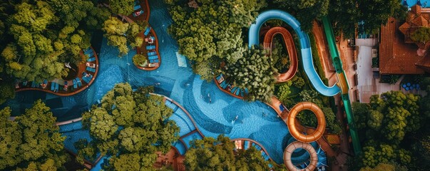 Fototapeta premium Colorful water slides intertwining over a clear pool.