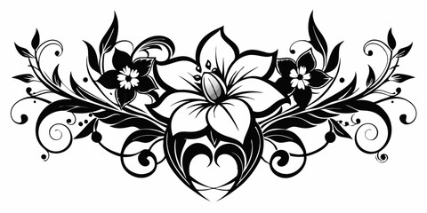 ornamental floral design, black and white illustration, swirling patterns, elegant curves, abstract flowers, vintage style, minimalist artwork
