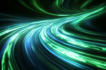 Neon green and blue light trails swirling over a dark backdrop, creating a high-energy, futuristic look