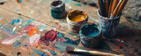 Colorful paintbrushes on wooden surface with splatters.