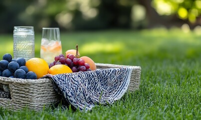 A picnic scene featuring fruits and refreshing drinks on a grassy lawn.