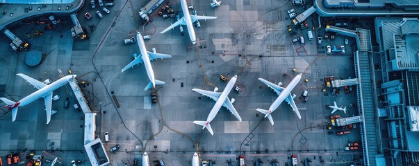 Aerial view of airplanes parked at airport terminal gate.
