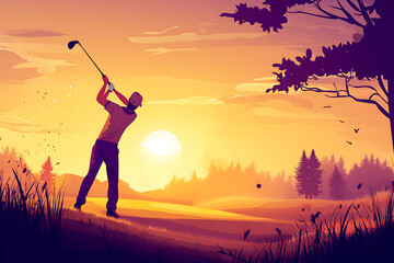 A golfer swings at sunset, surrounded by nature, capturing a serene moment in sports.