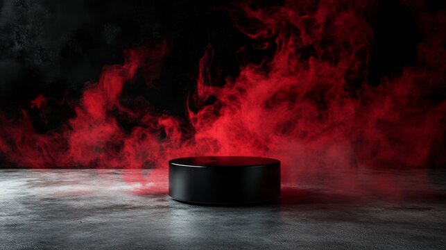 Dark and dramatic image of black hockey puck on red and black background with billowing red smoke creating mysterious ambiance.