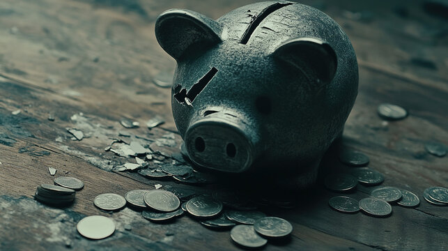 Broken piggy bank with coins scattered around, symbolizing financial struggle and the need for careful budgeting and saving.