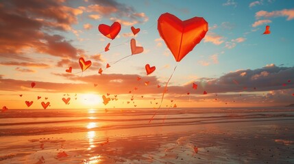 Fototapeta premium a stunning scene of heart-shaped kites flying on a beach, with a joyful outdoor background