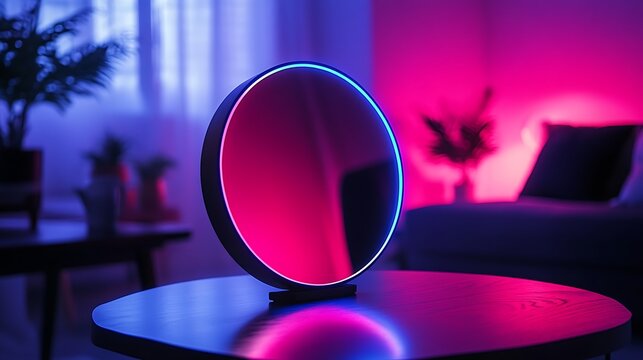 A sleek infinity mirror lamp glowing with vibrant LED lights, placed on a polished black table, reflecting an endless tunnel of light in deep blue and violet tones,
