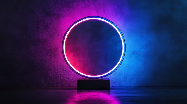 A sleek infinity mirror lamp glowing with vibrant LED lights, placed on a polished black table, reflecting an endless tunnel of light in deep blue and violet tones,