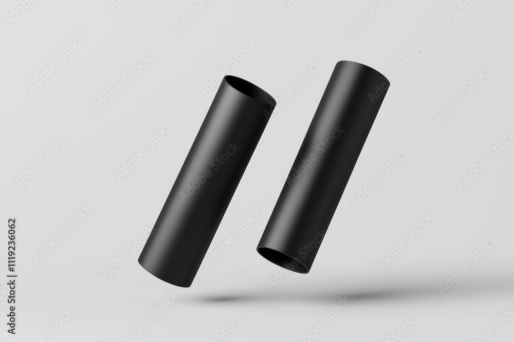Aufkleber floating matte black paper tubes in a minimalist layout on soft grey background with shadows.