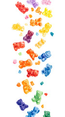 Falling Colorful Gummy Bears isolated on white background, full depth of field, transparent png background