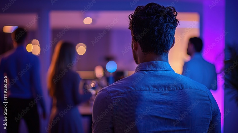 Poster introvert shy individual observing a social event from a distance, showcasing their preference for l
