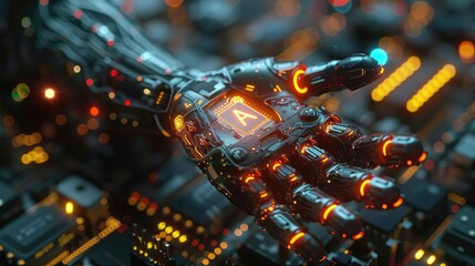 Close-up of a futuristic robotic hand with glowing orange accents and a letter 'A' display.