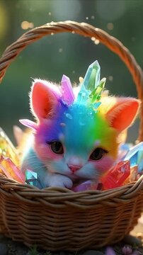 a cute dob of hepta colours decorated with crystalsand sitting in a basket
