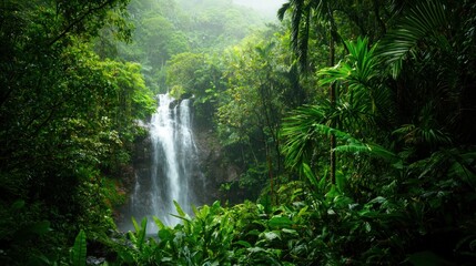 Jungle waterfall cascading down through thick vegetation in a secluded spot