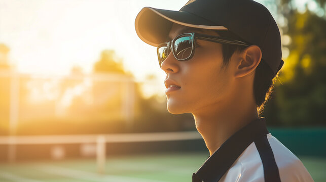 Tennis player wearing sunglasses and a cap, basking in warm golden sunlight near a tennis court. sportsmanship, confidence, and the essence of outdoor sports. Image made using Generative AI
