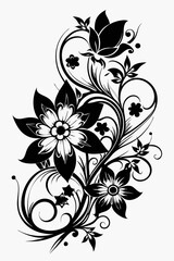 abstract floral design, black and white, symmetrical pattern, stylized flowers, elegant swirls, graphic elements, artistic motif, minimalist décor, botanical theme, modern illustration