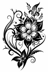 abstract floral design, black and white, symmetrical pattern, stylized flowers, elegant swirls, graphic elements, artistic motif, minimalist décor, botanical theme, modern illustration