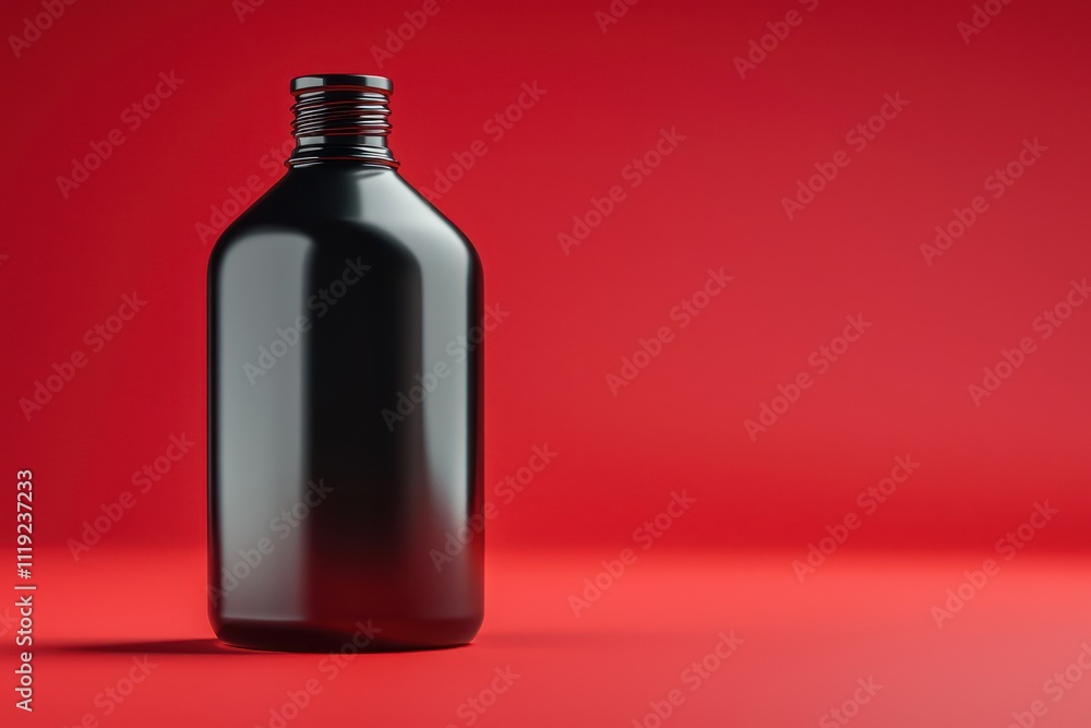 Poster simple 3d rendering of a black plastic bottle with red backdrop for product display mockups.