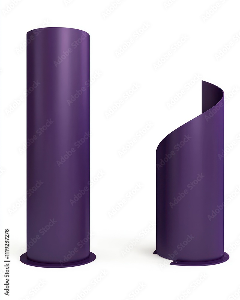 Poster realistic 3d render of deep purple vertical display stand in three angles on a white backdrop.