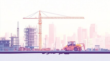 Obraz premium Cityscape construction site with crane, forklift, and buildings under construction.