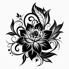 ornamental floral design, black and white illustration, swirling patterns, elegant curves, abstract flowers, vintage style, minimalist artwork
