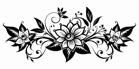 abstract floral design, black and white, symmetrical pattern, stylized flowers, elegant swirls, graphic elements, artistic motif, minimalist décor, botanical theme, modern illustration