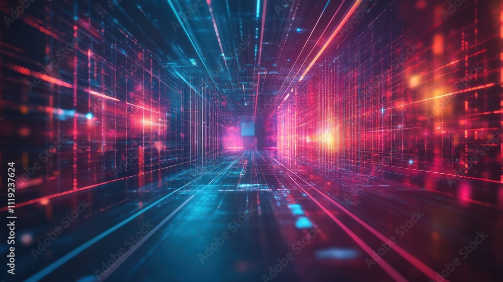 Aufkleber a futuristic digital tunnel with vibrant lights and data streams.