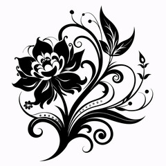 abstract floral design, black and white, symmetrical pattern, stylized flowers, elegant swirls, graphic elements, artistic motif, minimalist décor, botanical theme, modern illustration