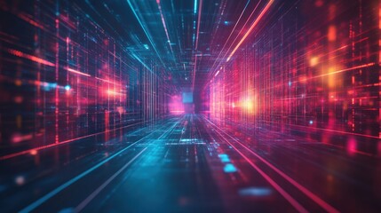 A futuristic digital tunnel with vibrant lights and data streams.