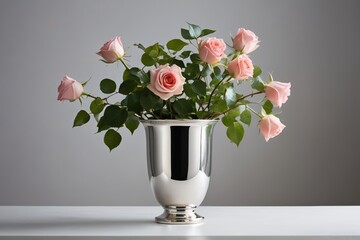 Obraz premium there is a vase with pink roses in it on a table
