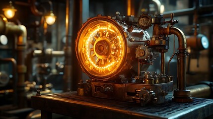 Fototapeta premium A steampunk gear lamp with glowing tubes and spinning brass mechanisms, resting on a metal shelf in a dimly lit industrial studio, surrounded by pipes and valves, cinematic ambiance, hd clarity.