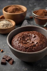 Bowl with fresh dough and ingredients for preparing chocolate brownie on grey background