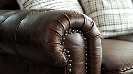 A leather couch with a plaid pillow on it