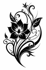 ornamental floral design, black and white illustration, swirling patterns, elegant curves, abstract flowers, vintage style, minimalist artwork

