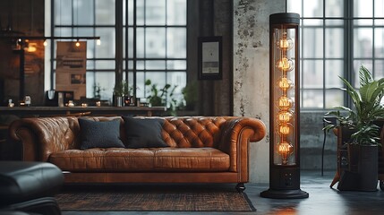 A tall Edison bulb floor lamp with multiple glowing filaments, standing in a dimly lit industrial-style living room with leather furniture and a dark concrete floor, ultra-detailed lighting,