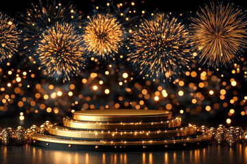 Gold podium with fireworks and bokeh lights.