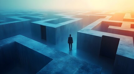 Obraz premium Person Navigating Maze Corridor with Doors Conceptual Journey and Decisions